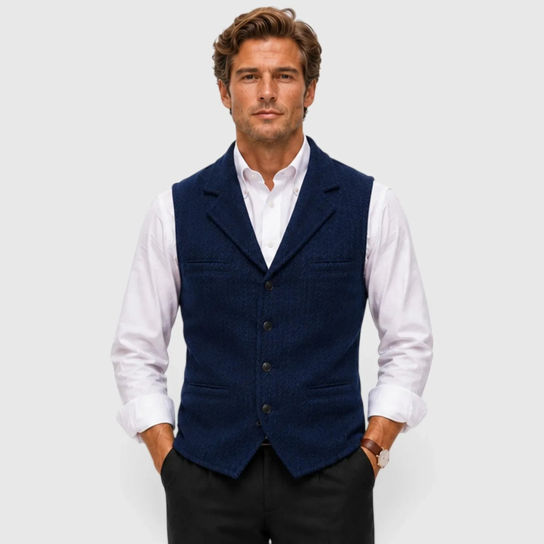 Leo | Men's Herringbone Waistcoat Wool Blend Slim Fit V-Neck Lapel