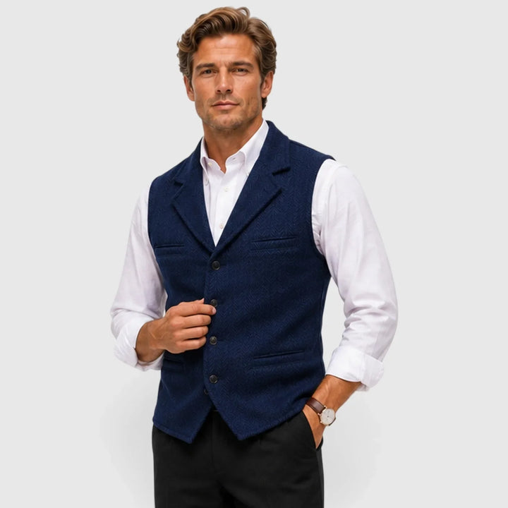 Leo | Men's Herringbone Waistcoat Wool Blend Slim Fit V-Neck Lapel