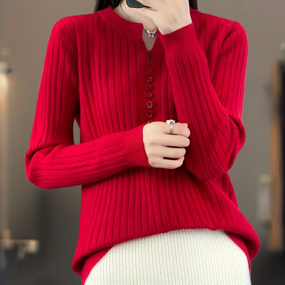 Orla | Women's Ribbed Knit Jumper Notched Neck Button Placket