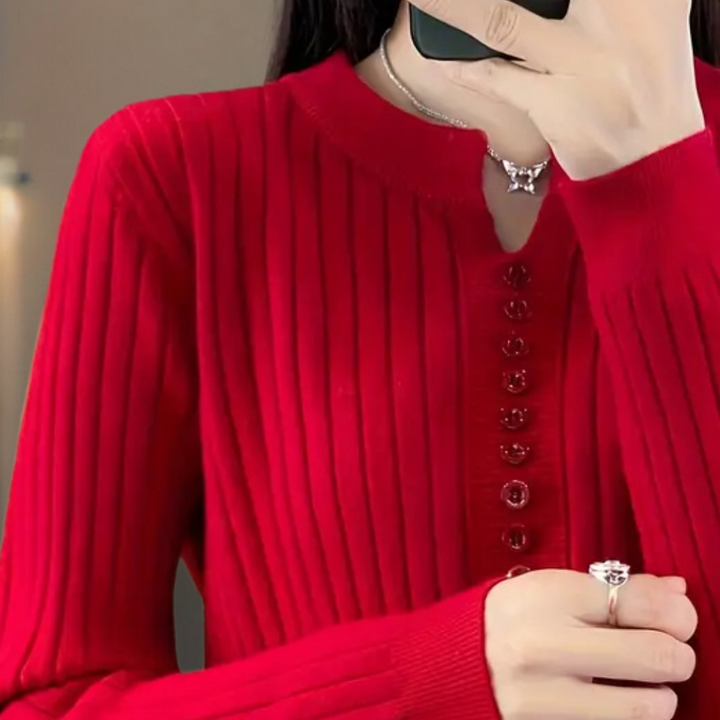 Orla | Women's Ribbed Knit Jumper Notched Neck Button Placket