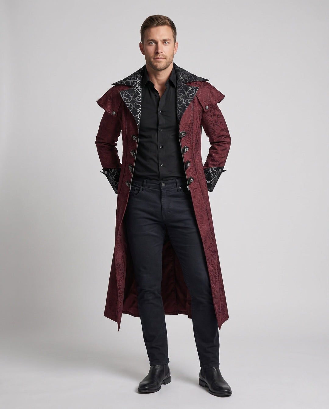Nathan | Men's Gothic Coat High Collar Embellished Button Placket