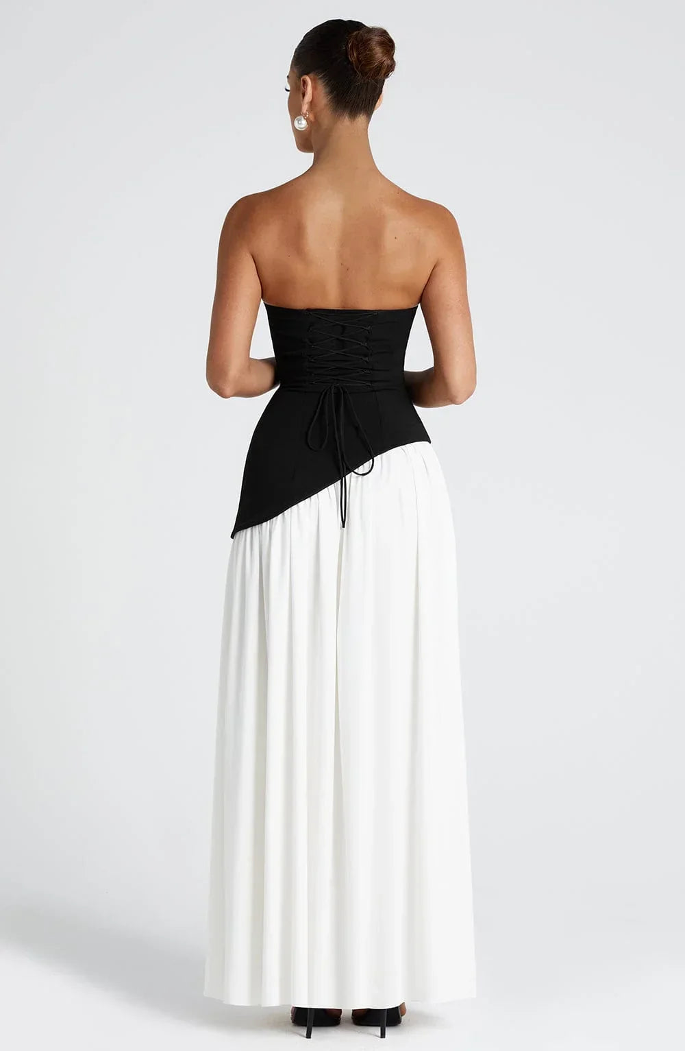 Long strapless corset dress with scarf detail and high slit