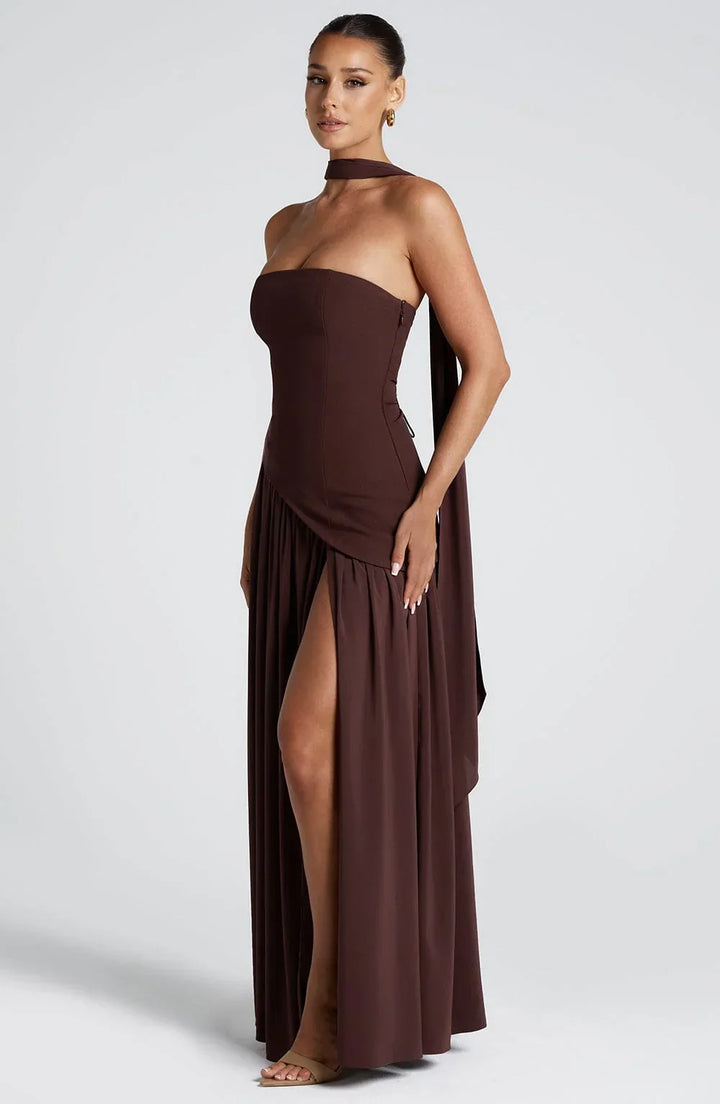 Long strapless corset dress with scarf detail and high slit