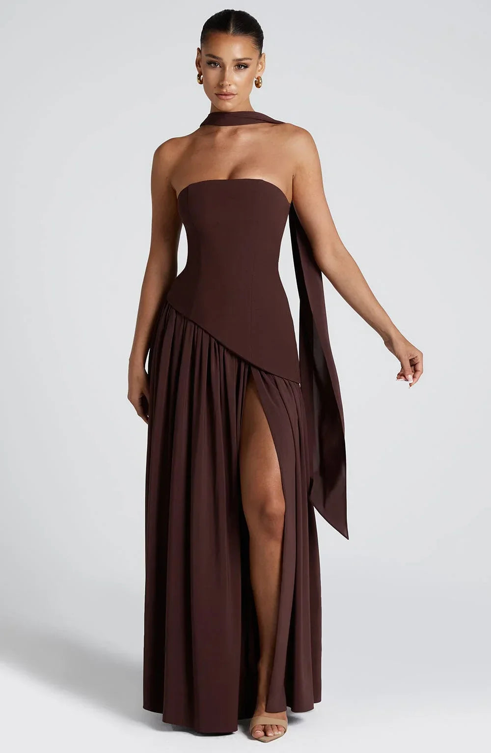 Long strapless corset dress with scarf detail and high slit