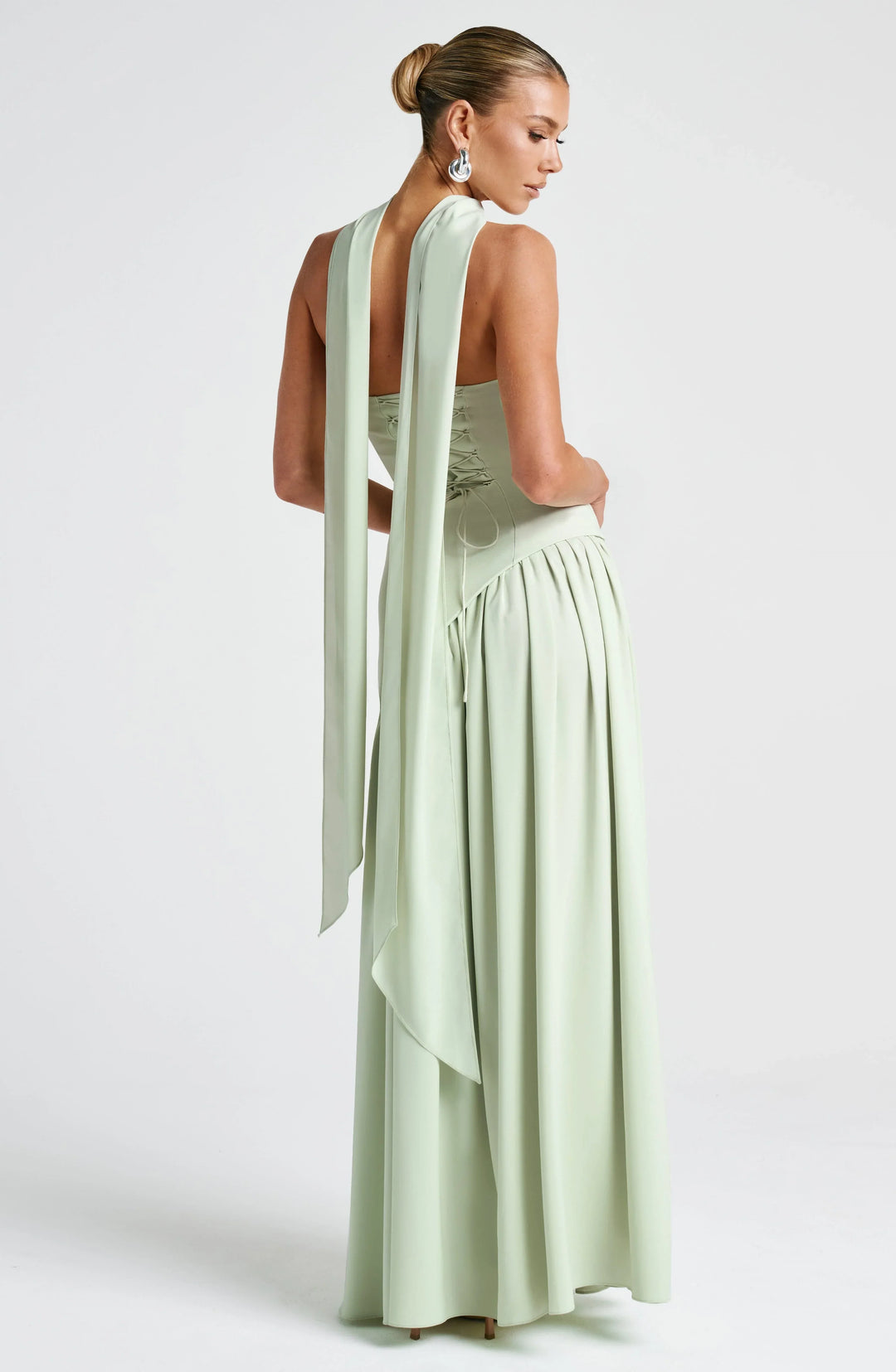 Long strapless corset dress with scarf detail and high slit