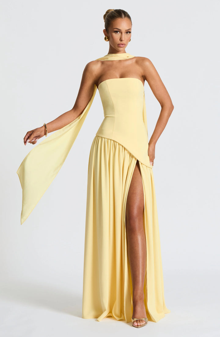 Long strapless corset dress with scarf detail and high slit