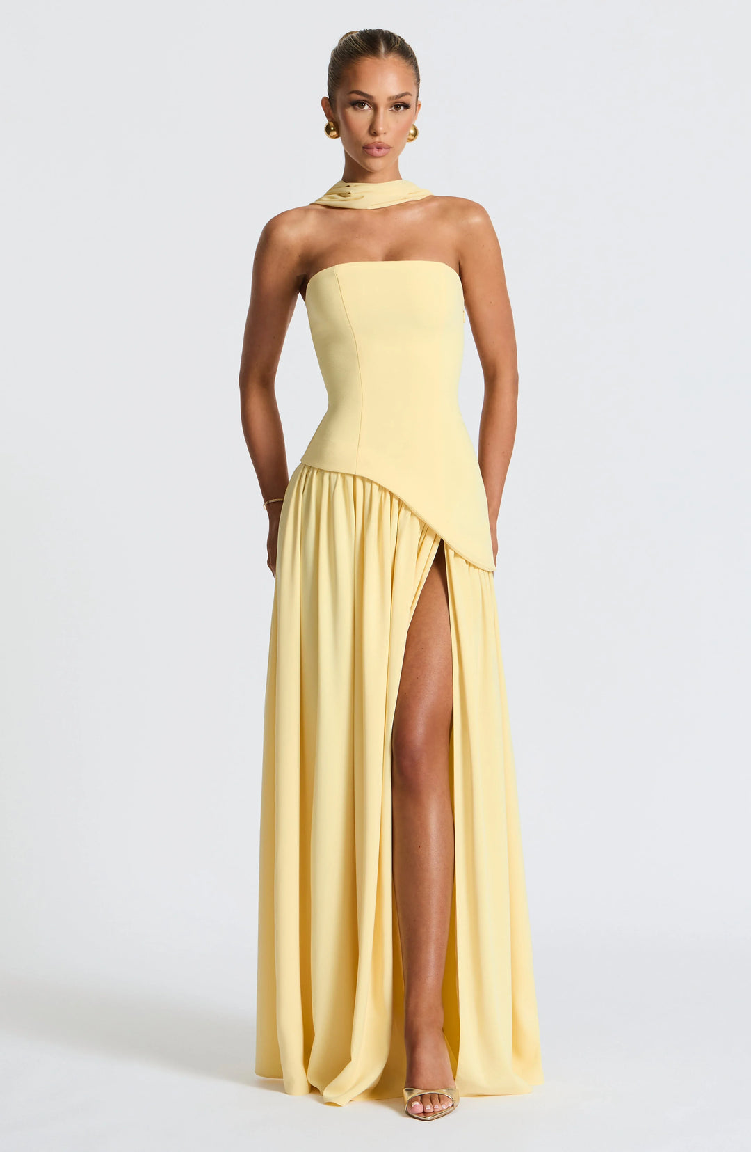 Long strapless corset dress with scarf detail and high slit