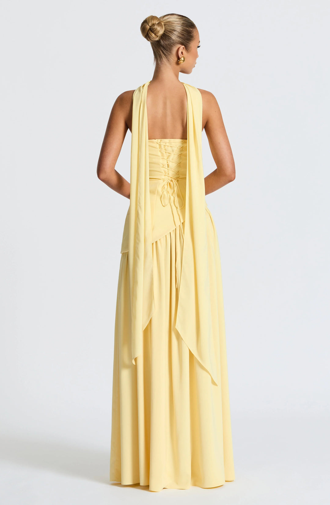 Long strapless corset dress with scarf detail and high slit