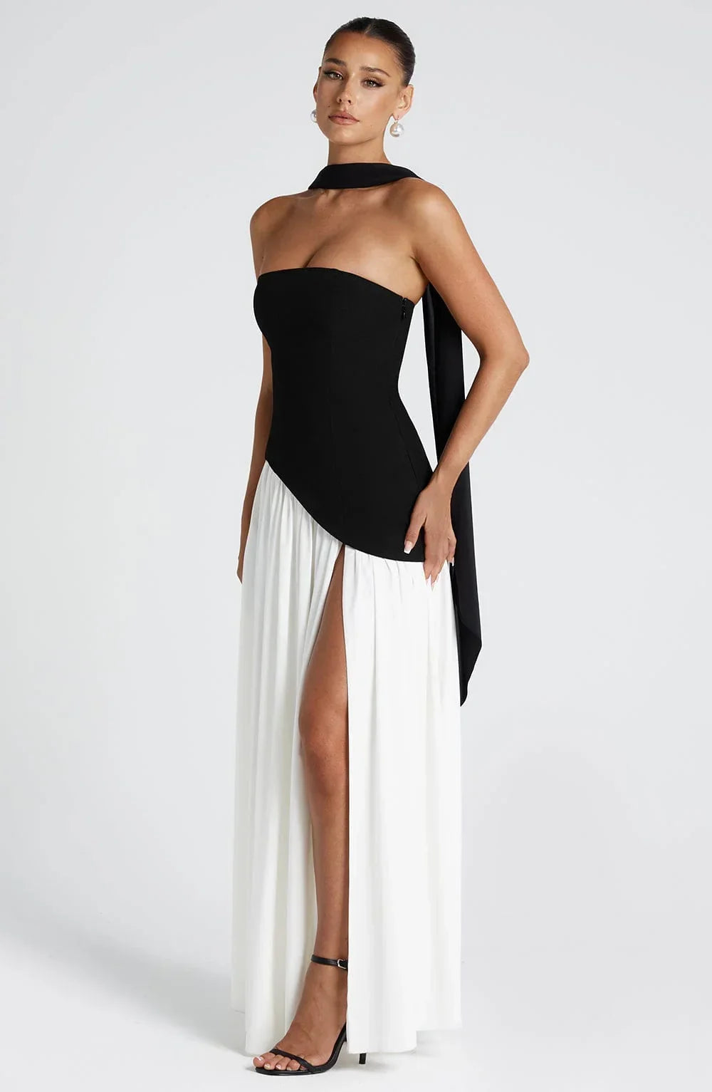 Long strapless corset dress with scarf detail and high slit