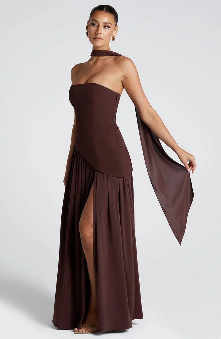 Long strapless corset dress with scarf detail and high slit
