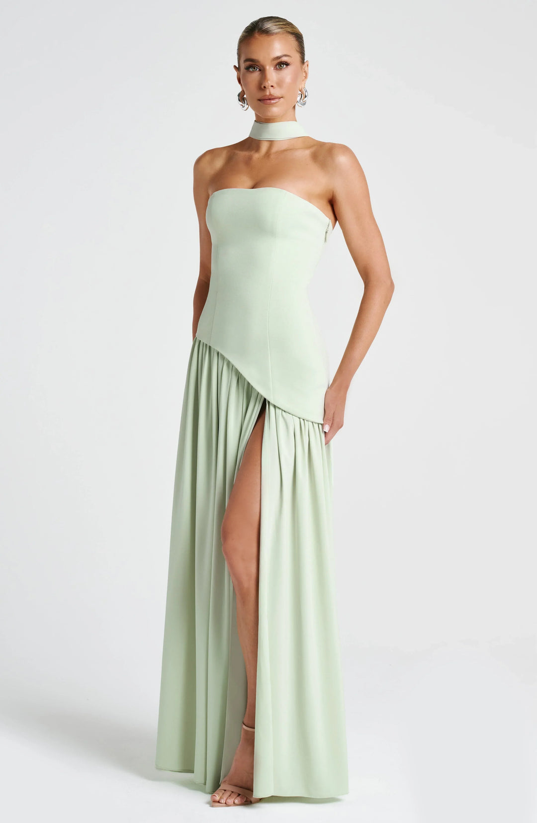 Long strapless corset dress with scarf detail and high slit