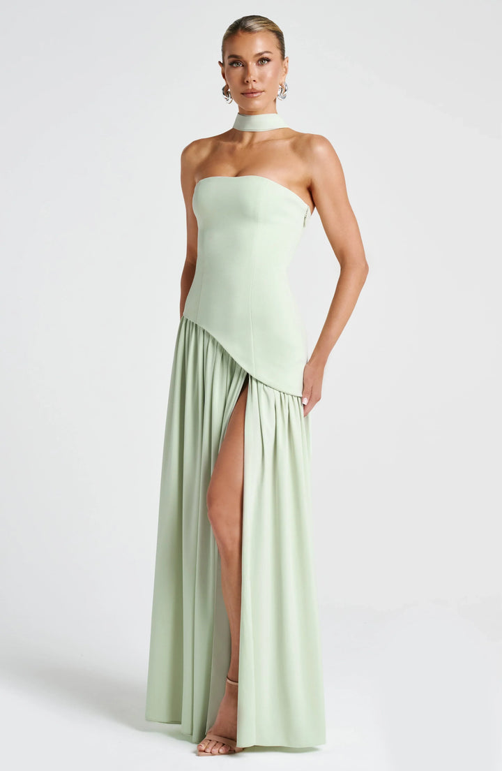 Long strapless corset dress with scarf detail and high slit