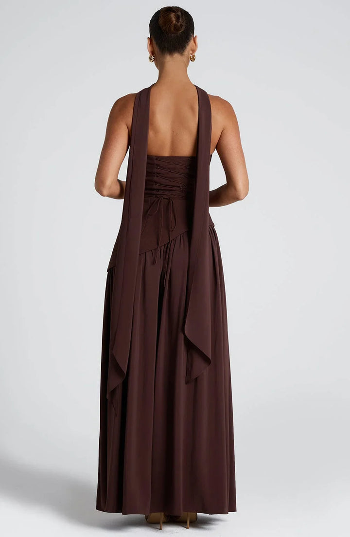 Long strapless corset dress with scarf detail and high slit