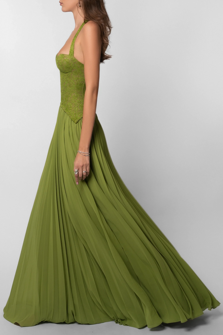 Yasmin | Women's Corset Maxi Dress Pleated Skirt Fitted Bodice