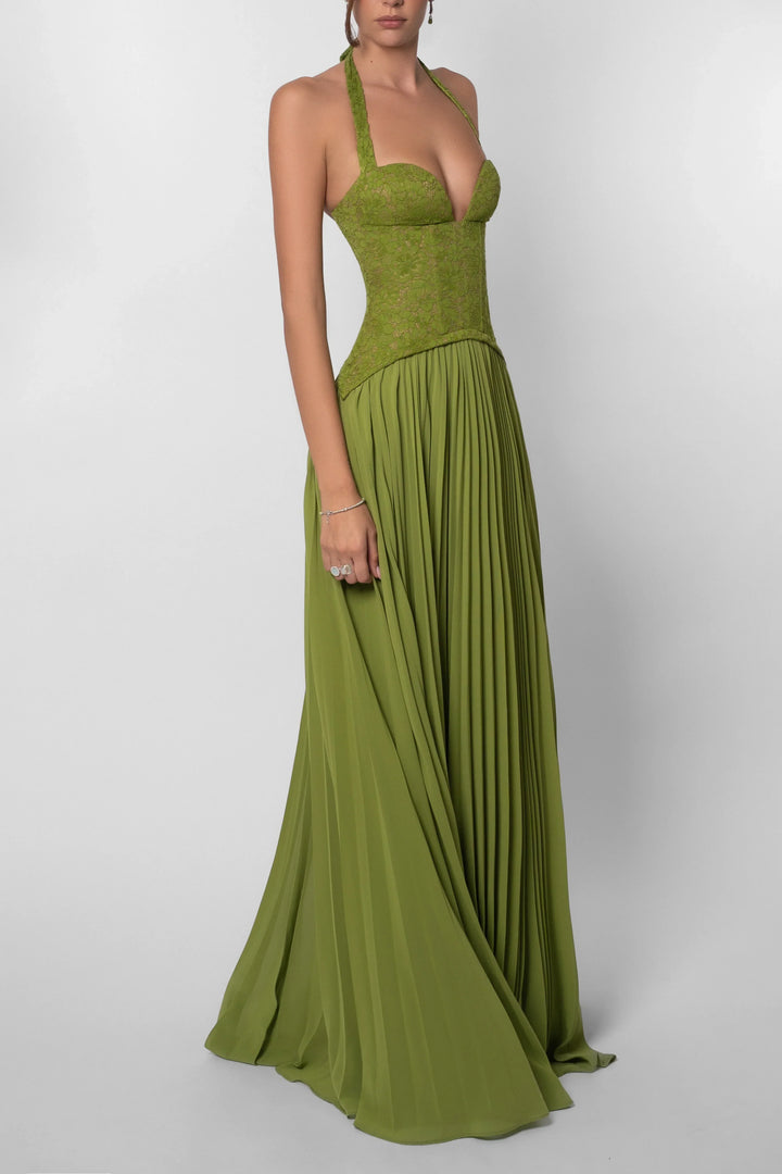 Yasmin | Women's Corset Maxi Dress Pleated Skirt Fitted Bodice