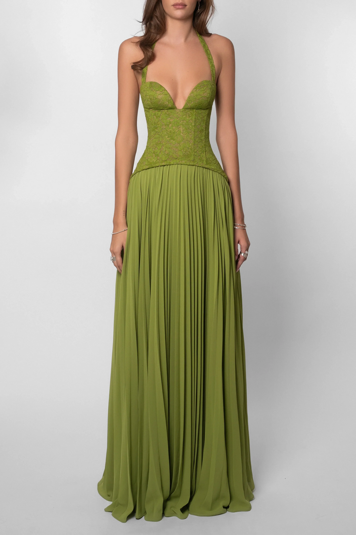 Yasmin | Women's Corset Maxi Dress Pleated Skirt Fitted Bodice