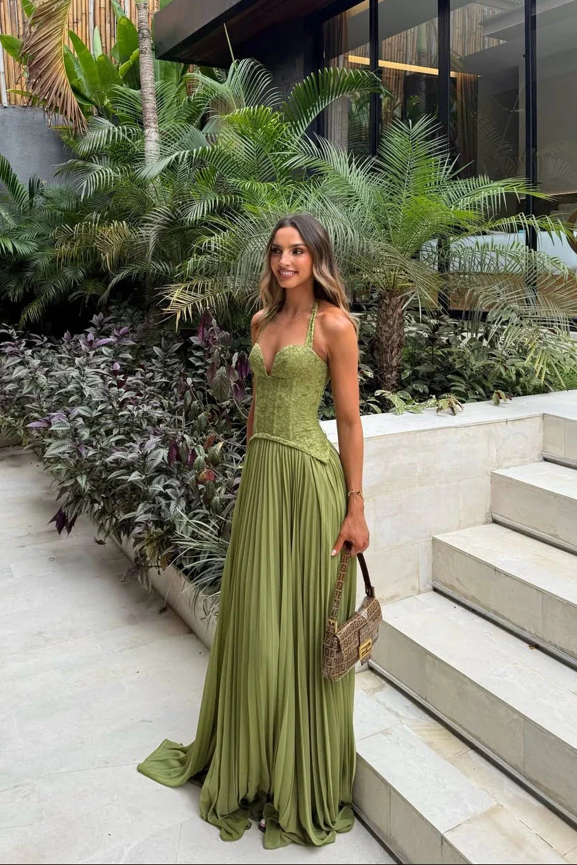 Yasmin | Women's Corset Maxi Dress Pleated Skirt Fitted Bodice