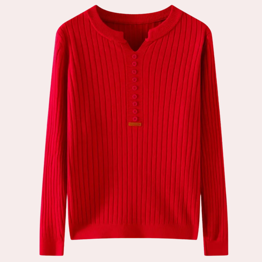 Orla | Women's Ribbed Knit Jumper Notched Neck Button Placket