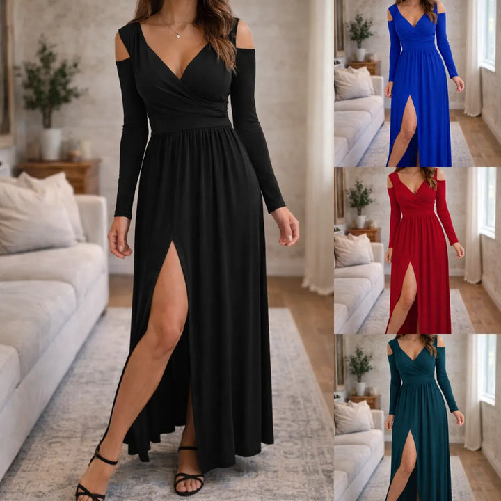 Lydia | Women's Long Sleeve Maxi Dress Cold Shoulder Wrap V-Neck