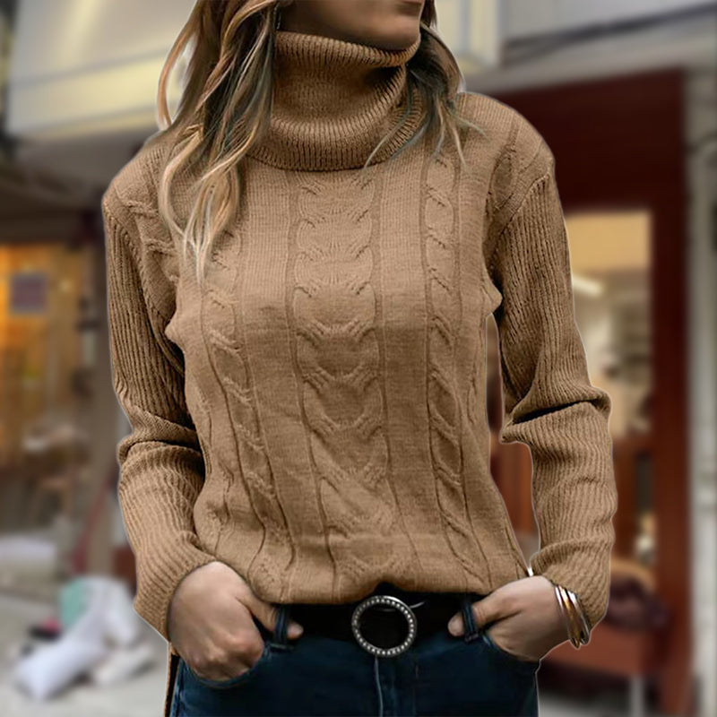 Gunhild | Women's Cable Knit Roll Neck Jumper Ribbed Cuffs Hip Length