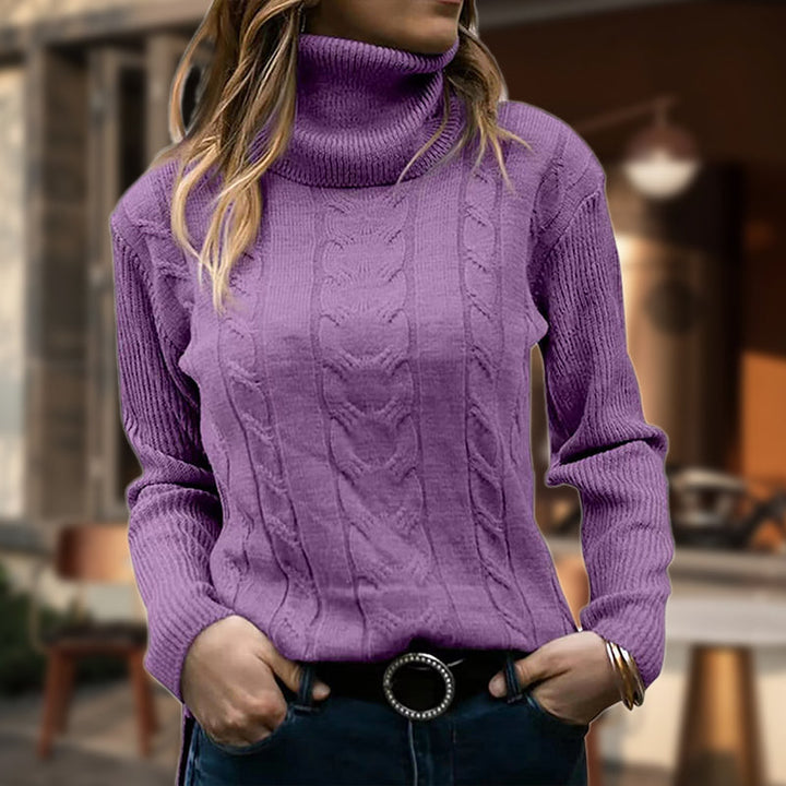 Gunhild | Women's Cable Knit Roll Neck Jumper Ribbed Cuffs Hip Length