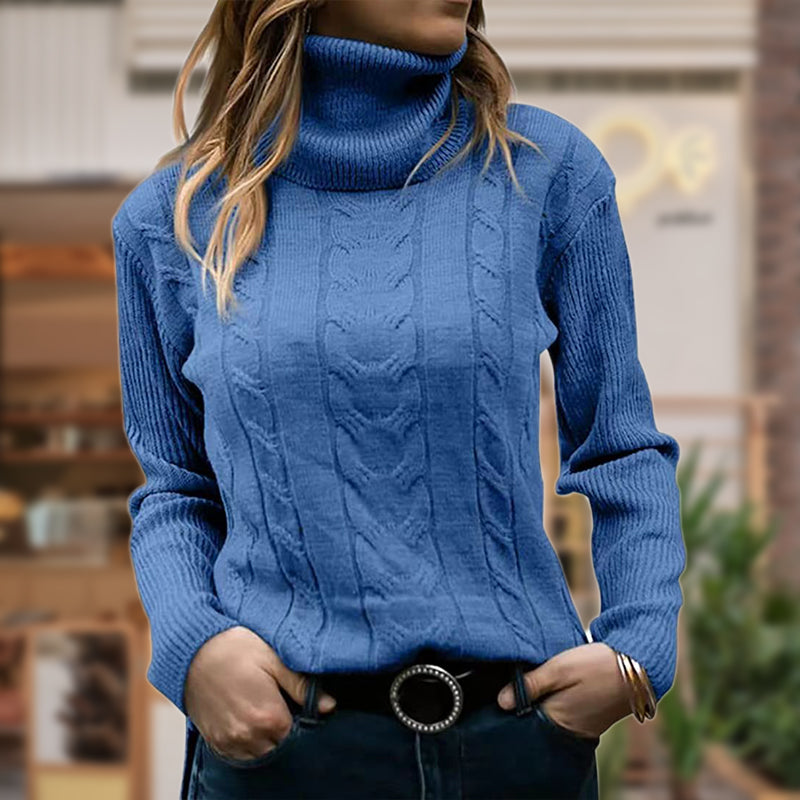 Gunhild | Women's Cable Knit Roll Neck Jumper Ribbed Cuffs Hip Length