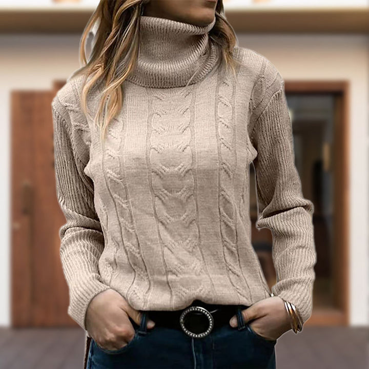 Gunhild | Women's Cable Knit Roll Neck Jumper Ribbed Cuffs Hip Length