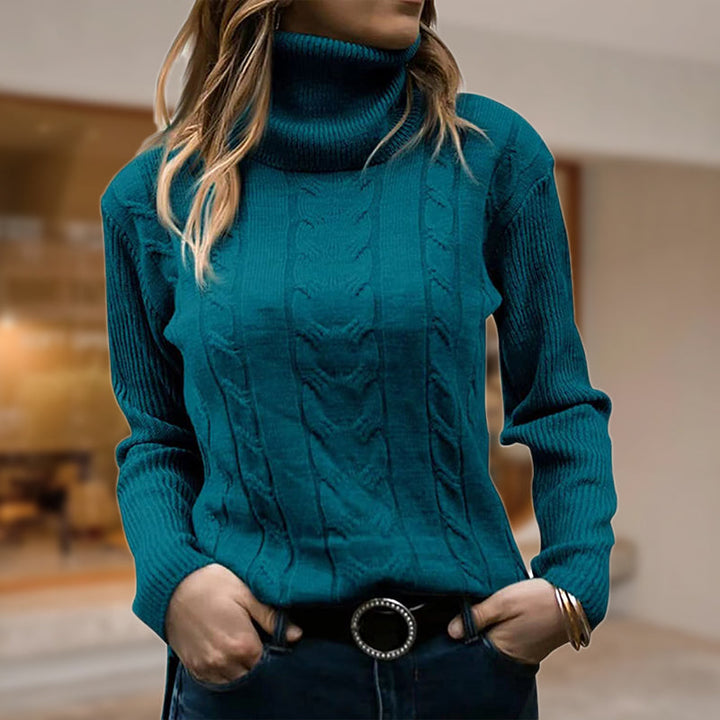 Gunhild | Women's Cable Knit Roll Neck Jumper Ribbed Cuffs Hip Length