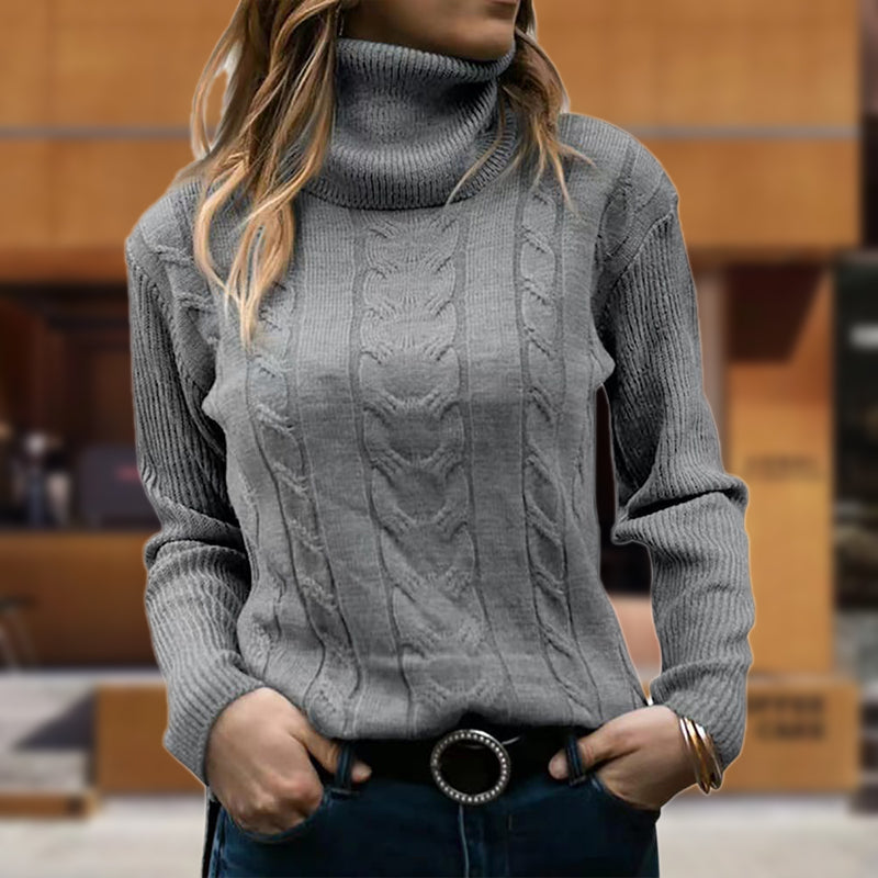 Gunhild | Women's Cable Knit Roll Neck Jumper Ribbed Cuffs Hip Length