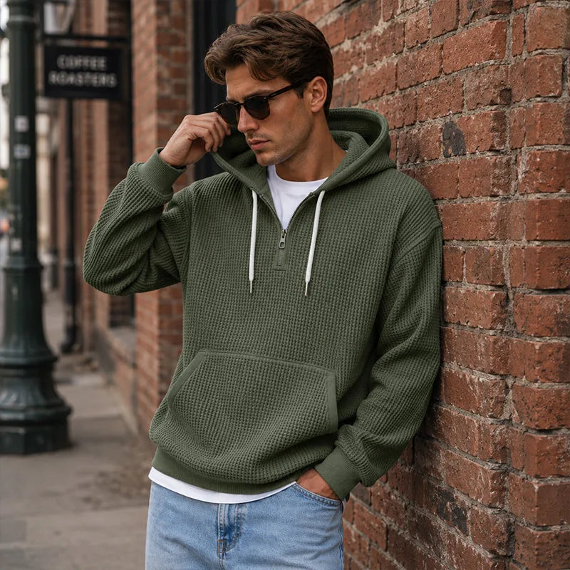 Lara | Women's Quarter Zip Knit Hoodie Kangaroo Pocket Drawstring Hood