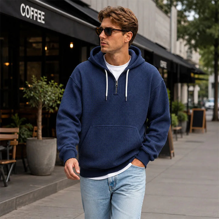 Lara | Women's Quarter Zip Knit Hoodie Kangaroo Pocket Drawstring Hood