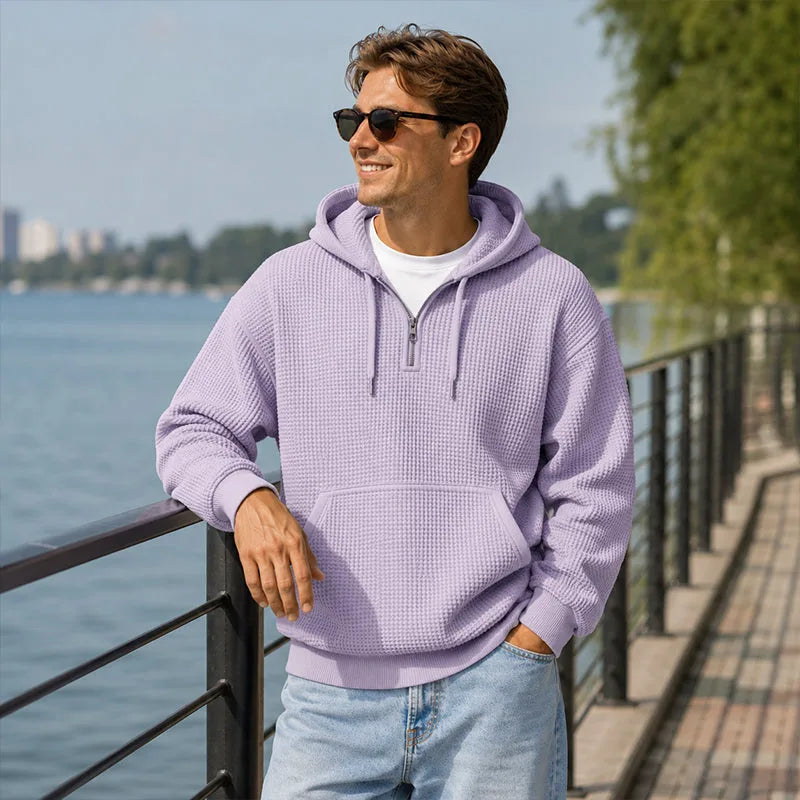 Lara | Women's Quarter Zip Knit Hoodie Kangaroo Pocket Drawstring Hood