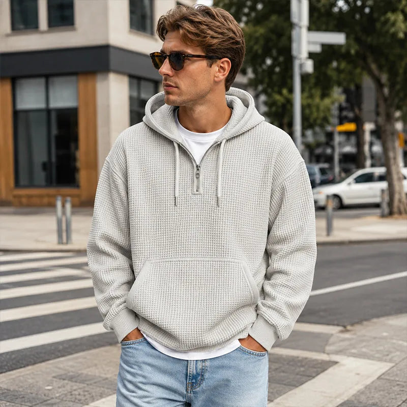 Lara | Women's Quarter Zip Knit Hoodie Kangaroo Pocket Drawstring Hood