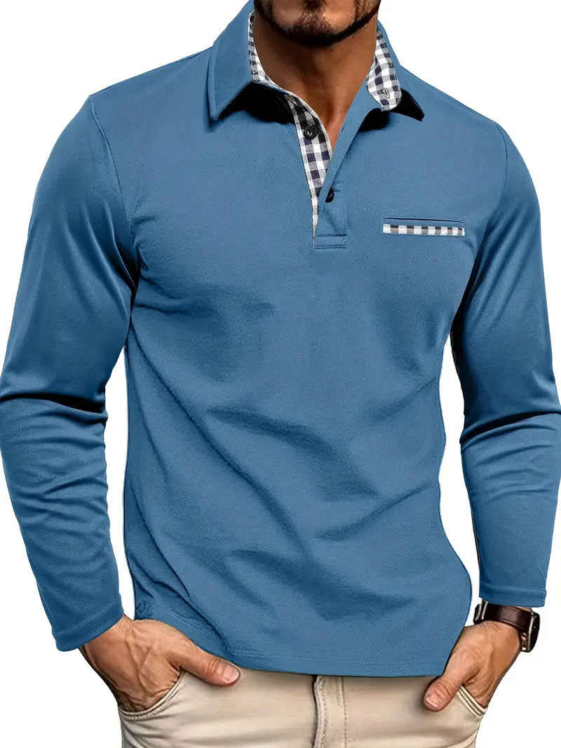 Stefan | Men's Long-Sleeve Polo Shirt Cotton Blend Button Neck