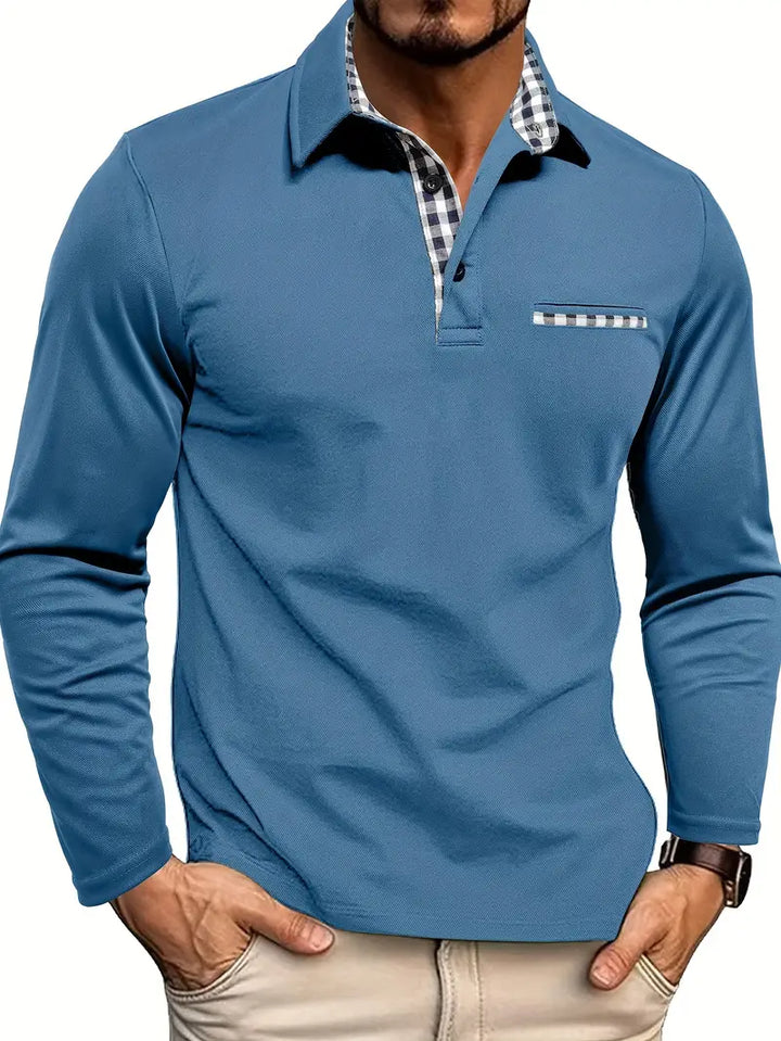 Stefan | Men's Long-Sleeve Polo Shirt Cotton Blend Button Neck