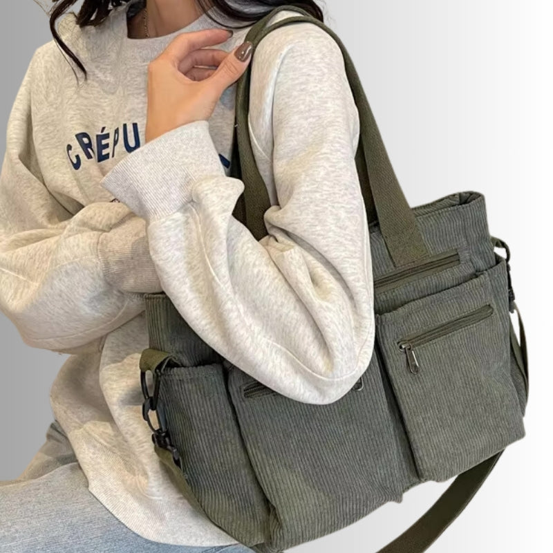 Josephine | Women's Corduroy Shoulder Bag Zip Pockets Laptop Compartment