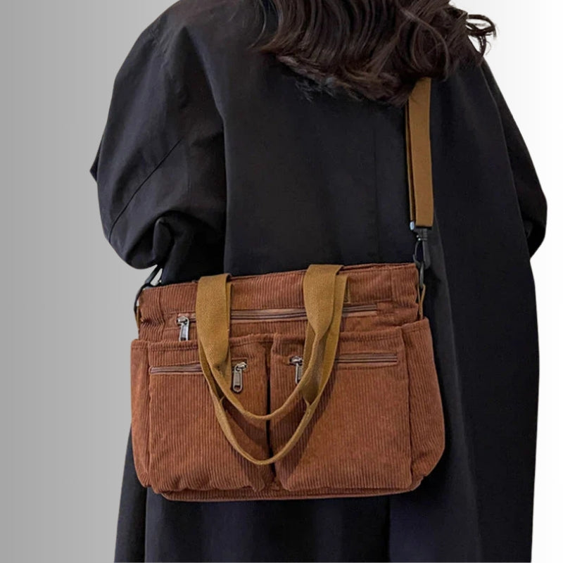 Josephine | Women's Corduroy Shoulder Bag Zip Pockets Laptop Compartment