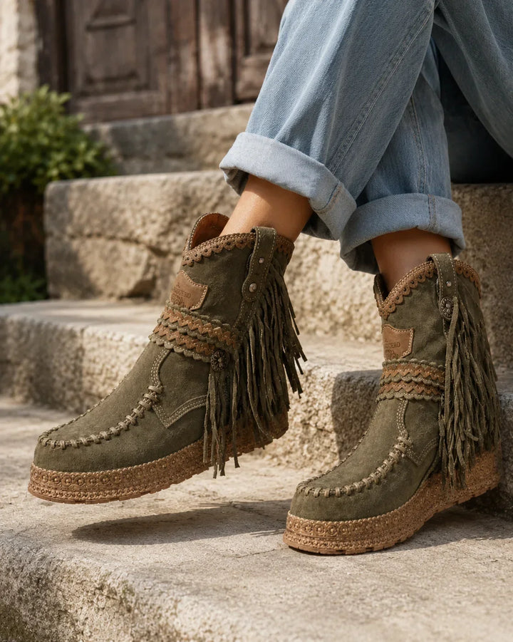 Ava | Women's Boho Lace-Up Ankle Boots Fringe & Braided Trim