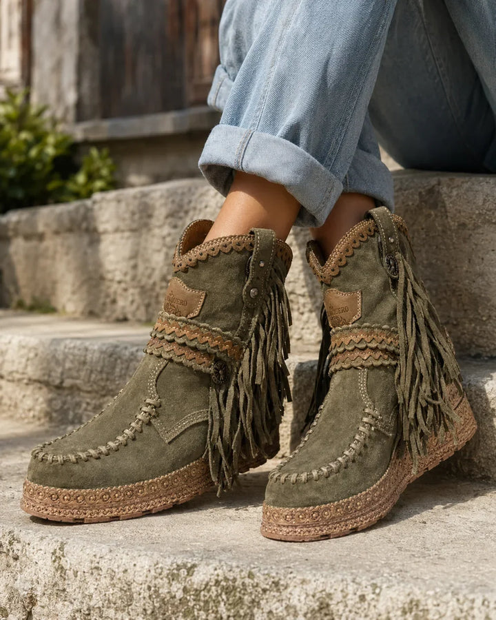 Ava | Women's Boho Lace-Up Ankle Boots Fringe & Braided Trim