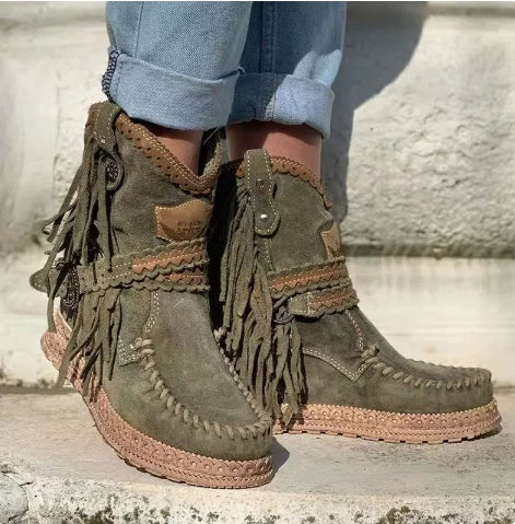 Ava | Women's Boho Lace-Up Ankle Boots Fringe & Braided Trim