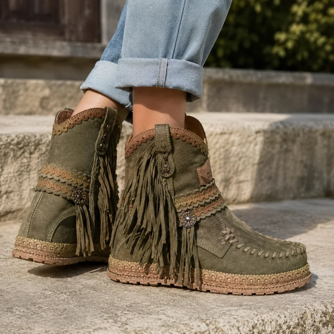 Ava | Women's Boho Lace-Up Ankle Boots Fringe & Braided Trim