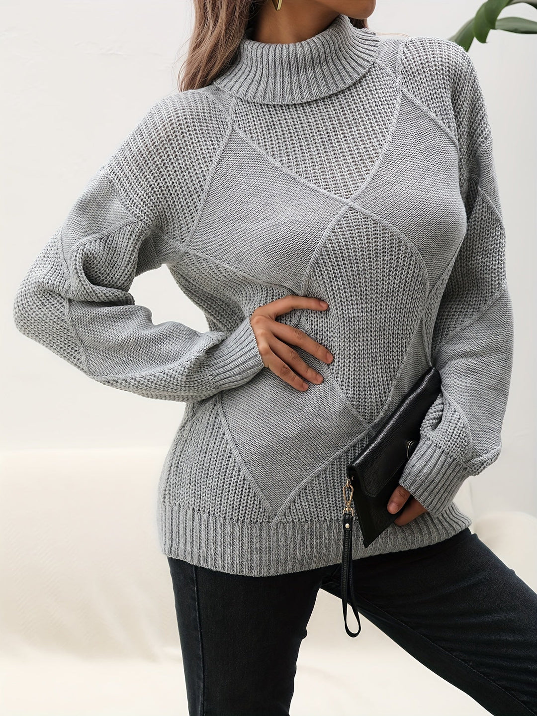 Helena | Women's Roll Neck Jumper Diamond Knit Dropped Shoulders