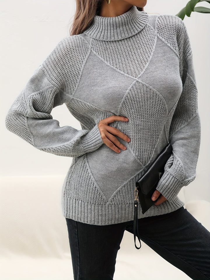 Helena | Women's Roll Neck Jumper Diamond Knit Dropped Shoulders