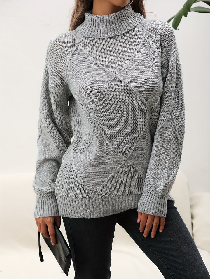 Helena | Women's Roll Neck Jumper Diamond Knit Dropped Shoulders