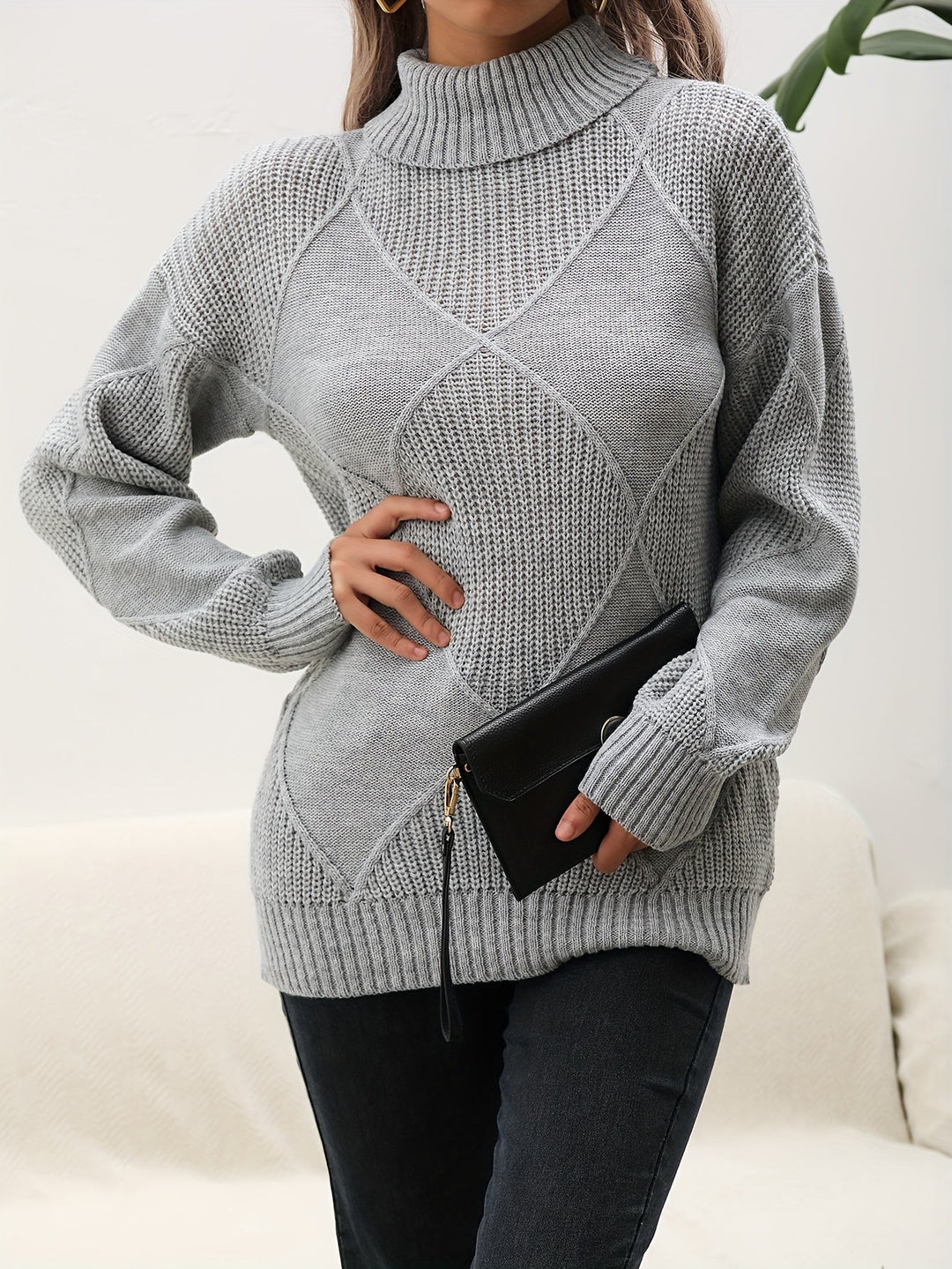 Helena | Women's Roll Neck Jumper Diamond Knit Dropped Shoulders