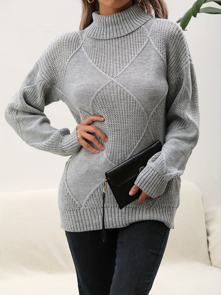 Helena | Women's Roll Neck Jumper Diamond Knit Dropped Shoulders