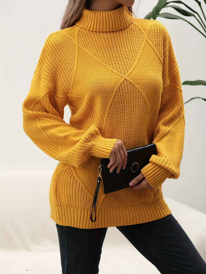 Helena | Women's Roll Neck Jumper Diamond Knit Dropped Shoulders