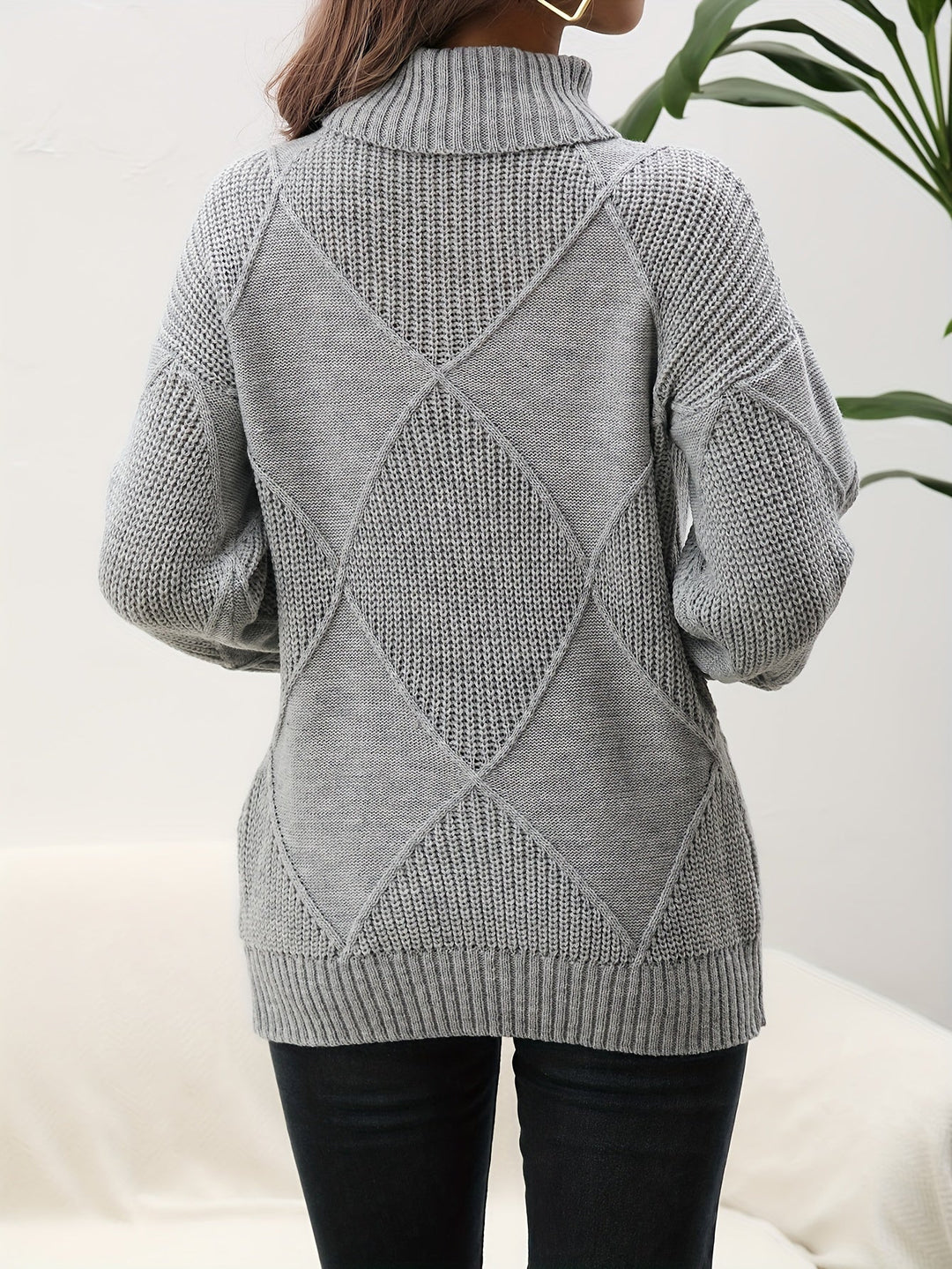 Helena | Women's Roll Neck Jumper Diamond Knit Dropped Shoulders