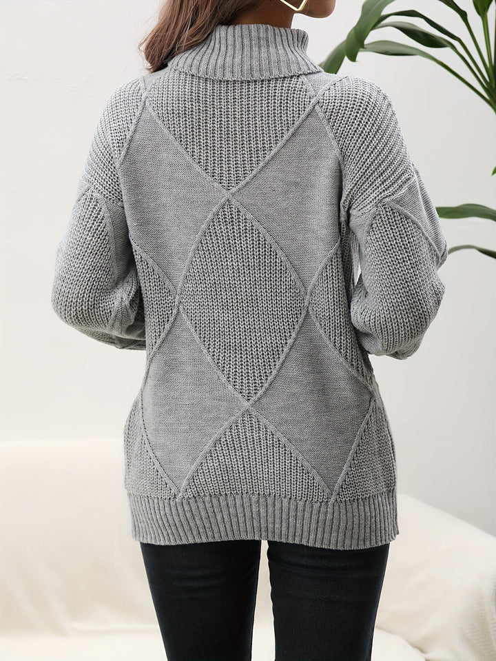 Helena | Women's Roll Neck Jumper Diamond Knit Dropped Shoulders