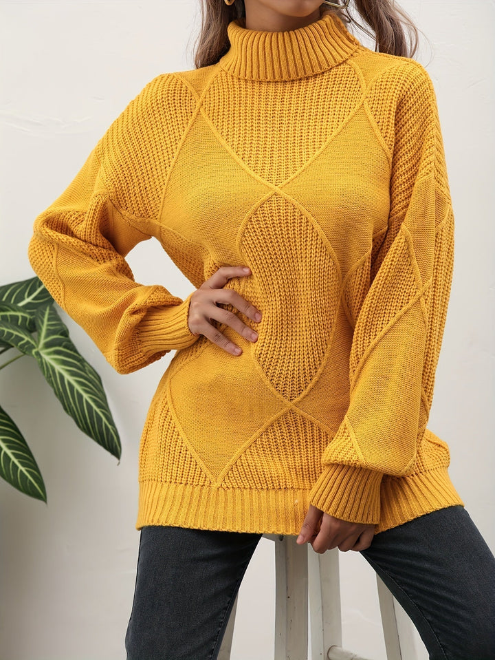Helena | Women's Roll Neck Jumper Diamond Knit Dropped Shoulders